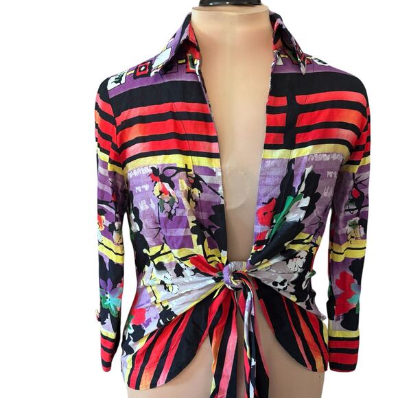 Vintage Mishca Tie Front Popover Blouse Size Medium 3/4 Sleeves Abstract Print - Picture 2 of 10